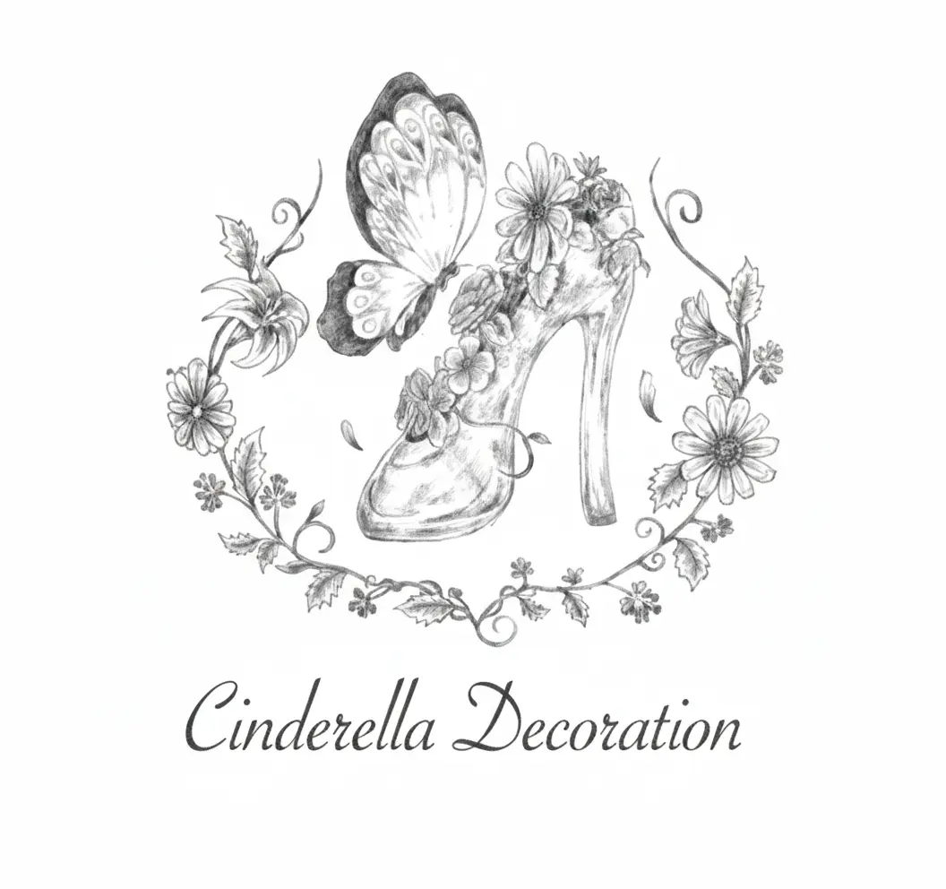Cinderella Decorationのロゴ全体が透明背景で表示されている。ブランド名とキャッチコピーが結み合わさったデザインで、ドレス・和装での結婚写真や前撮りを提供する沖縄 フォトウェディングの魅力を伝える