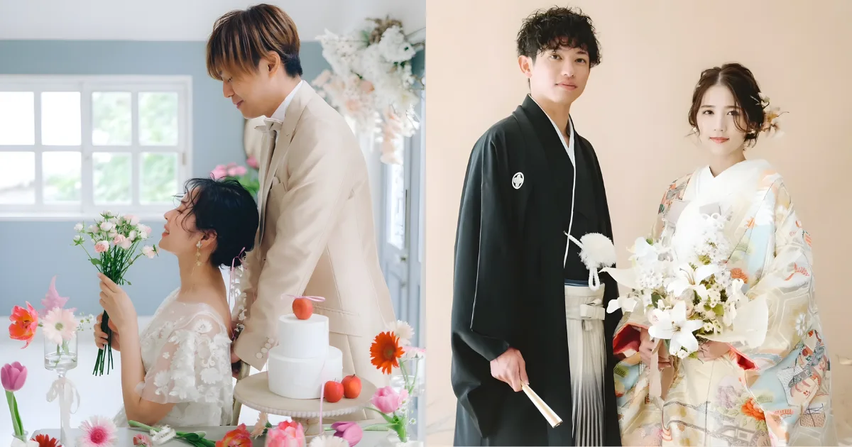 洋装の新郎新婦が室内スタジオでカラフルなブーケに囲まれ寄り添う姿と、色打掛と紋付袴姿の夫婦が笑顔で並ぶ華やかなコラージュ写真｜沖縄 フォトウェディング