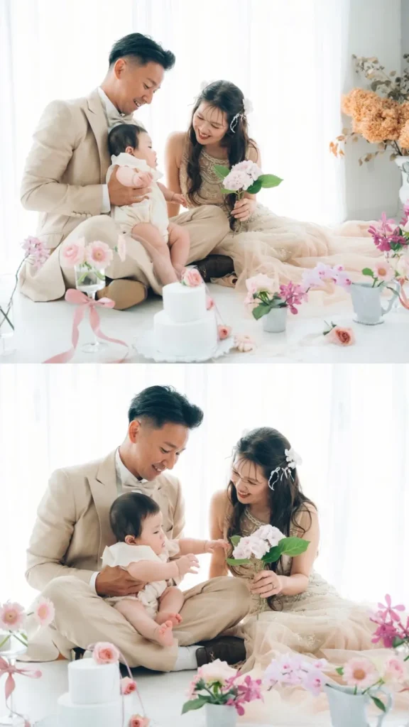 沖縄で家族・子どもと撮影したウェディングフォト。新郎新婦とお子さまが笑顔で過ごすファミリーフォト。