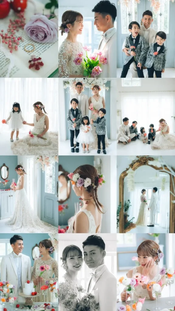 沖縄で家族・子どもと撮影したウェディングフォト。新郎新婦とお子さまが笑顔で過ごすファミリーフォト。
